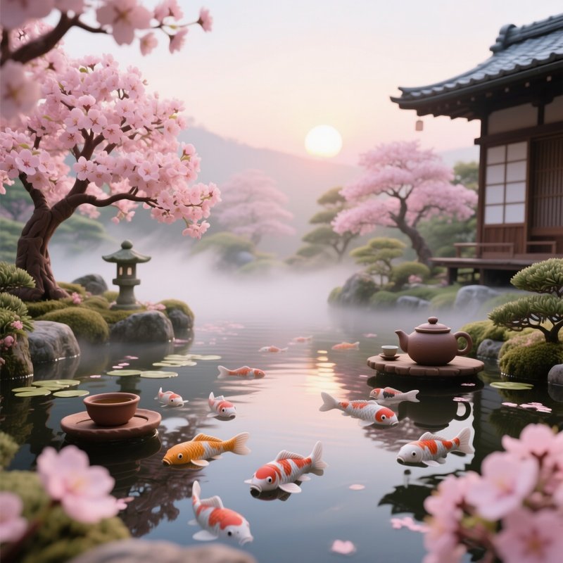 A Serene Japanese Tea Garden At Sunrise, A Koi Pond Filled With Clay Fish, Cherry Blossom Trees