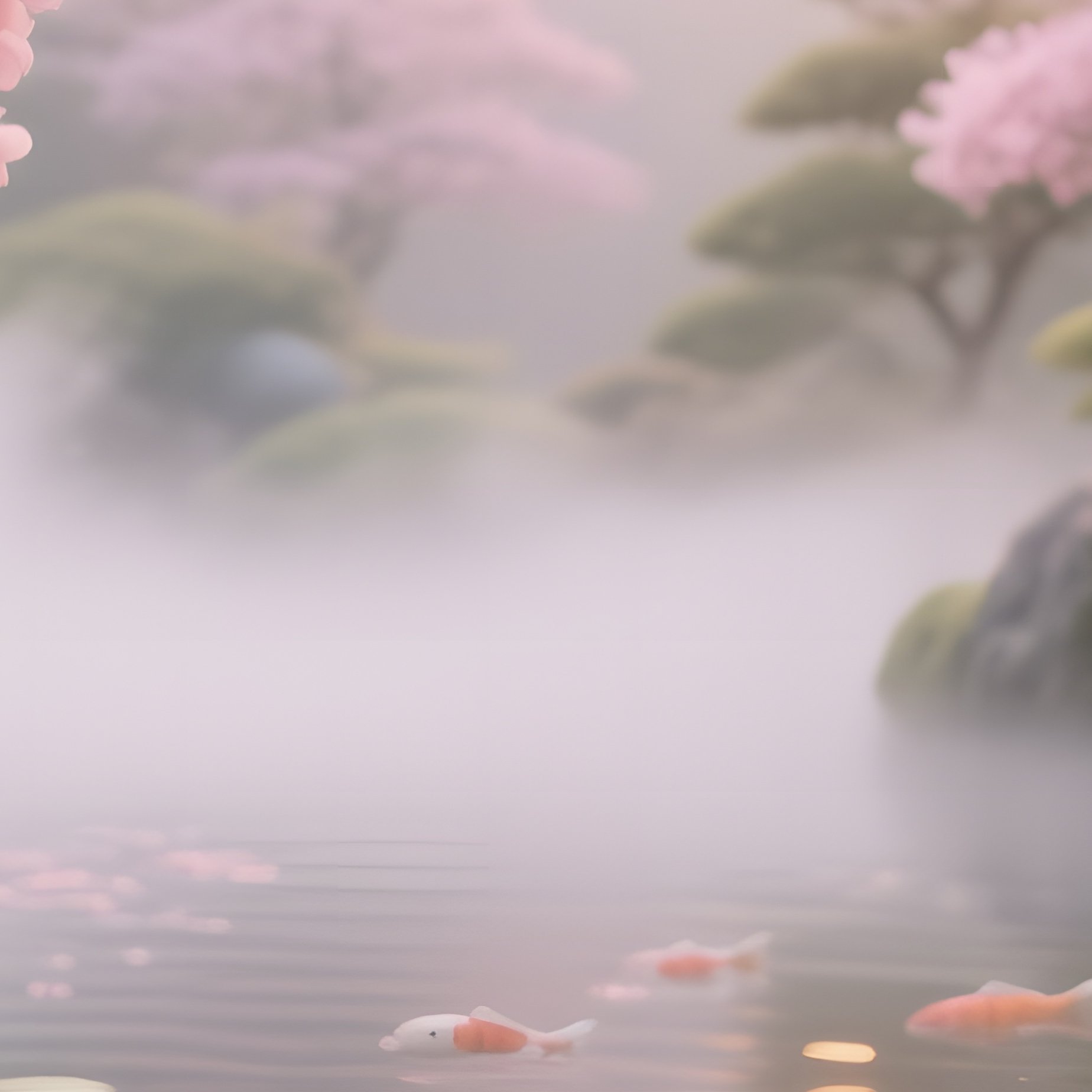 A Serene Japanese Tea Garden At Sunrise, A Koi Pond Filled With Clay Fish, Cherry Blossom Trees - Full Resolution Quality Preview
