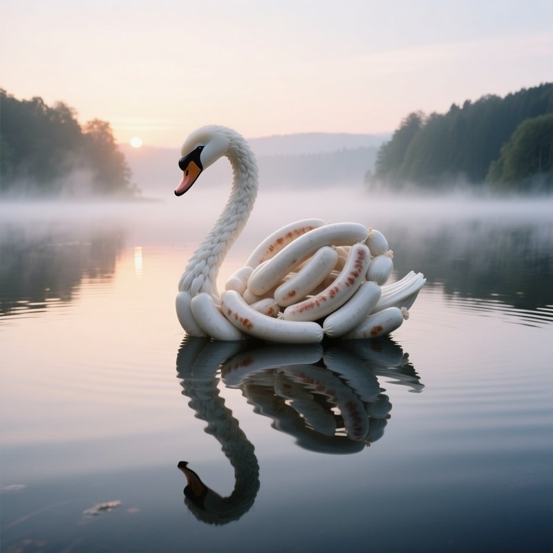 A Serene Lake At Sunrise With Mist Rising, Featuring A Floating Sculpture Of A Swan Made From