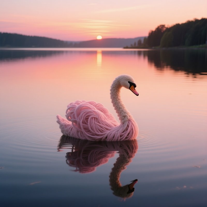 A Serene Lake At Sunset Reflected In Calm Water, With A Floating Wool Sculpture Of A Swan Gliding