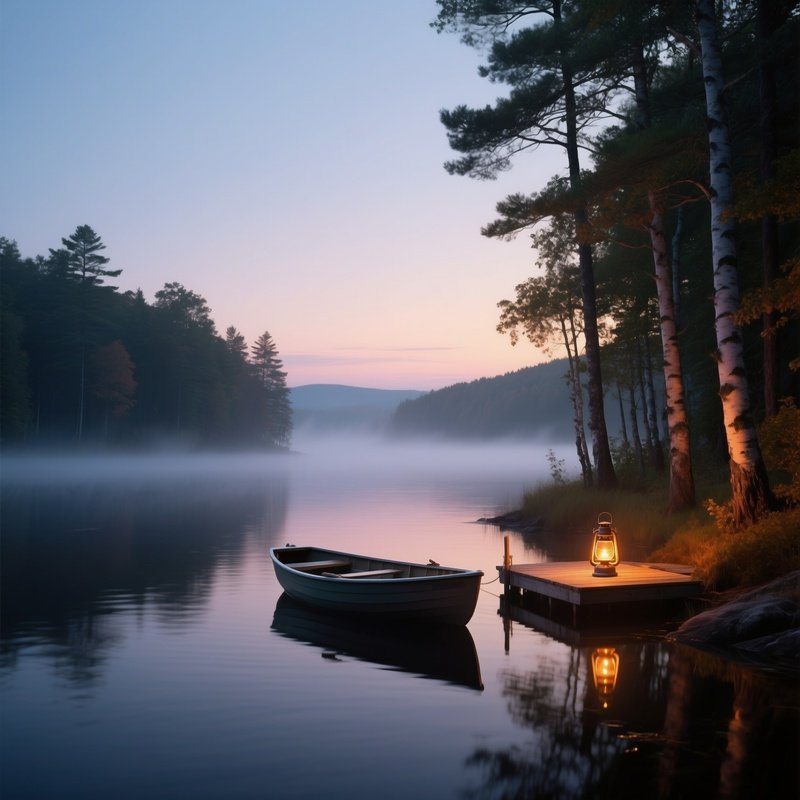 A Serene Lake At Twilight In The Adirondacks, Mist Hovering Over Water, Birch Trees Lining The