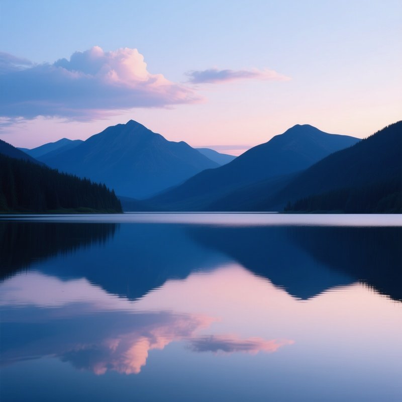 A Serene Lake At Twilight, Pastel Clouds Reflected On Glassy Water While Distant Mountains Cast