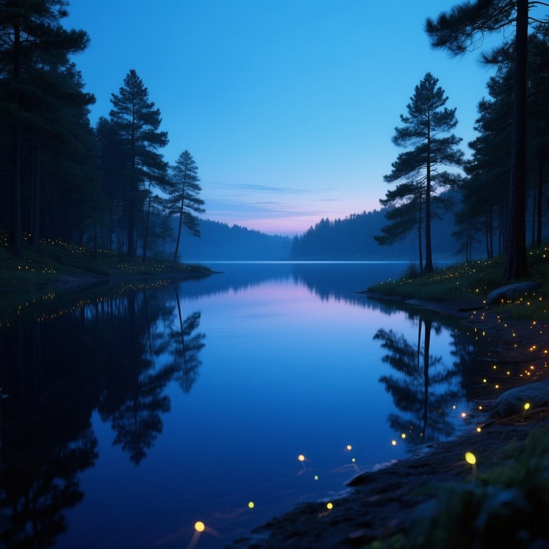 A Serene Lake At Twilight, Water Surface Smooth As Glass Made Of Deep Blue Clay, Surrounding Pine