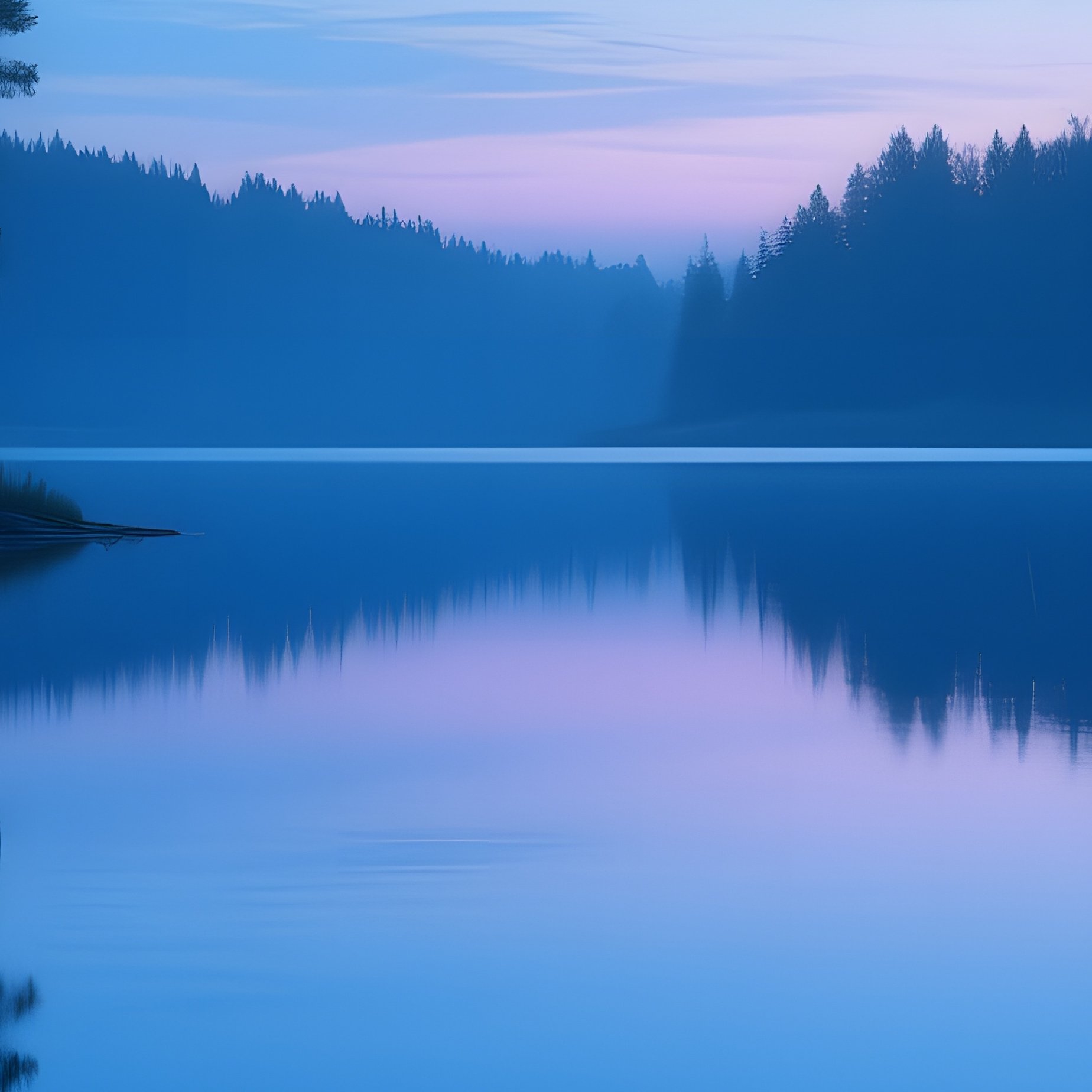 A Serene Lake At Twilight, Water Surface Smooth As Glass Made Of Deep Blue Clay, Surrounding Pine - Full Resolution Quality Preview
