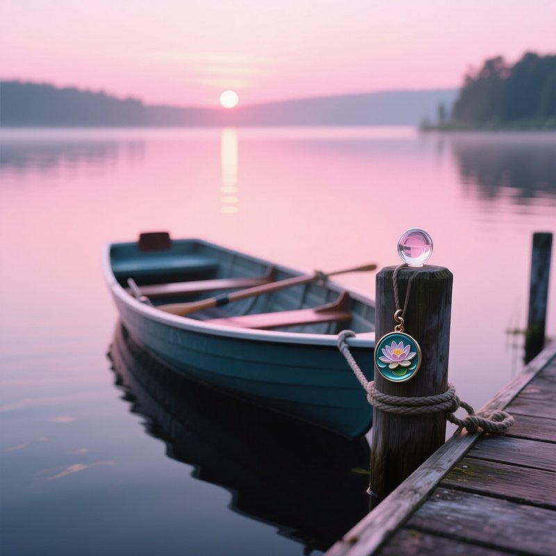 A Serene Lake Dock At Sunrise, A Lone Rowboat Tied To A Post Adorned With A Small Glass Medallion