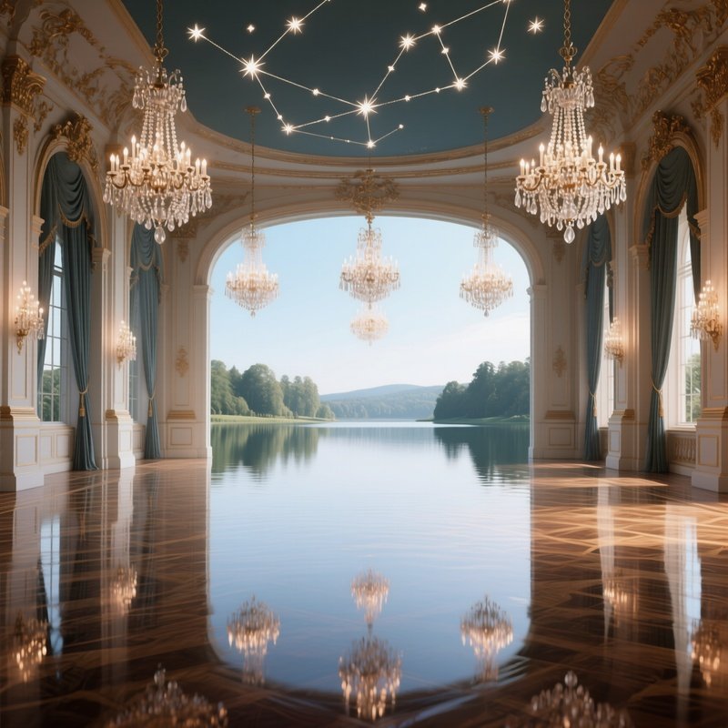 A Serene Lake Reflected In The Polished Surface Of A Grand Palace Ballroom Floor, Chandeliers