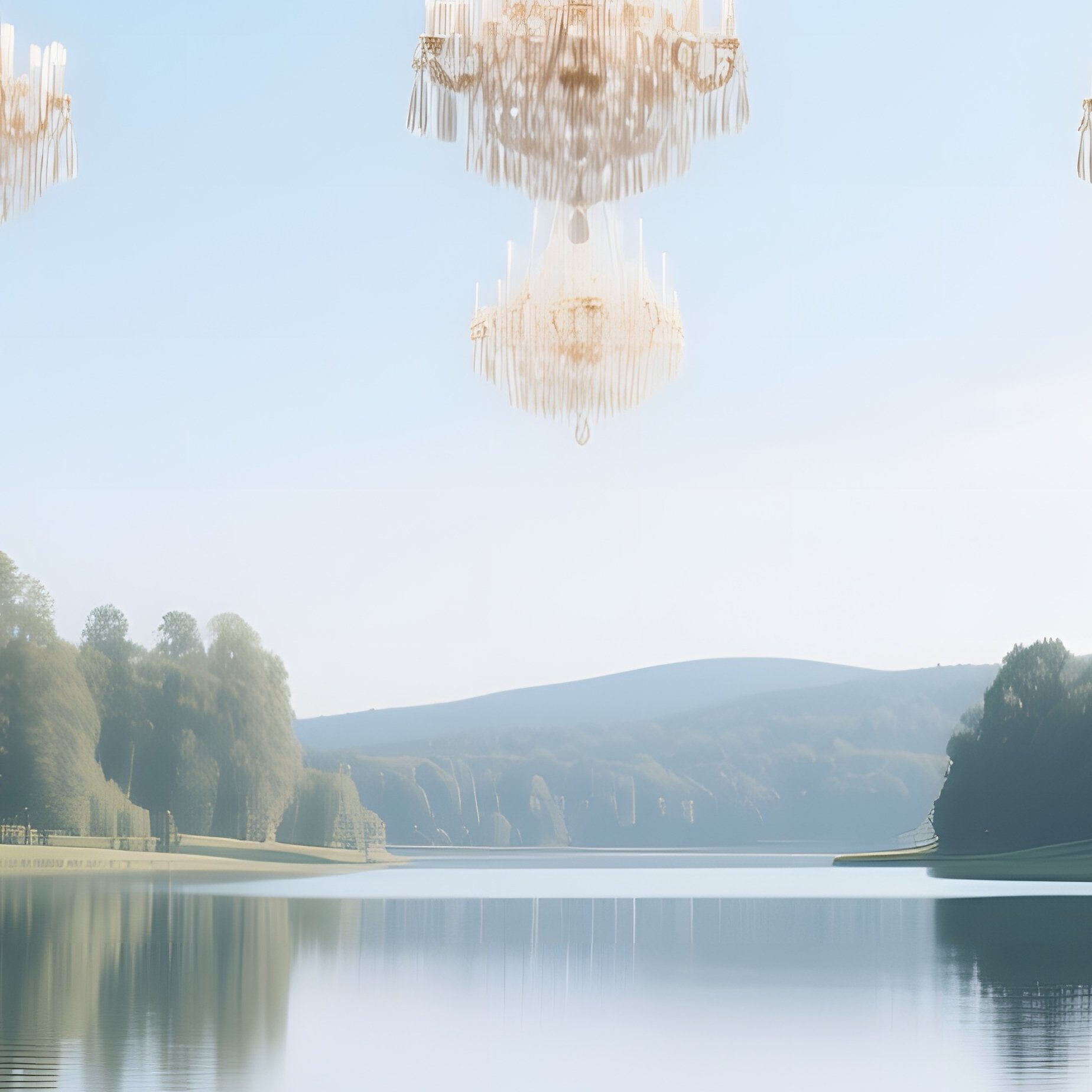 A Serene Lake Reflected In The Polished Surface Of A Grand Palace Ballroom Floor, Chandeliers - Full Resolution Quality Preview