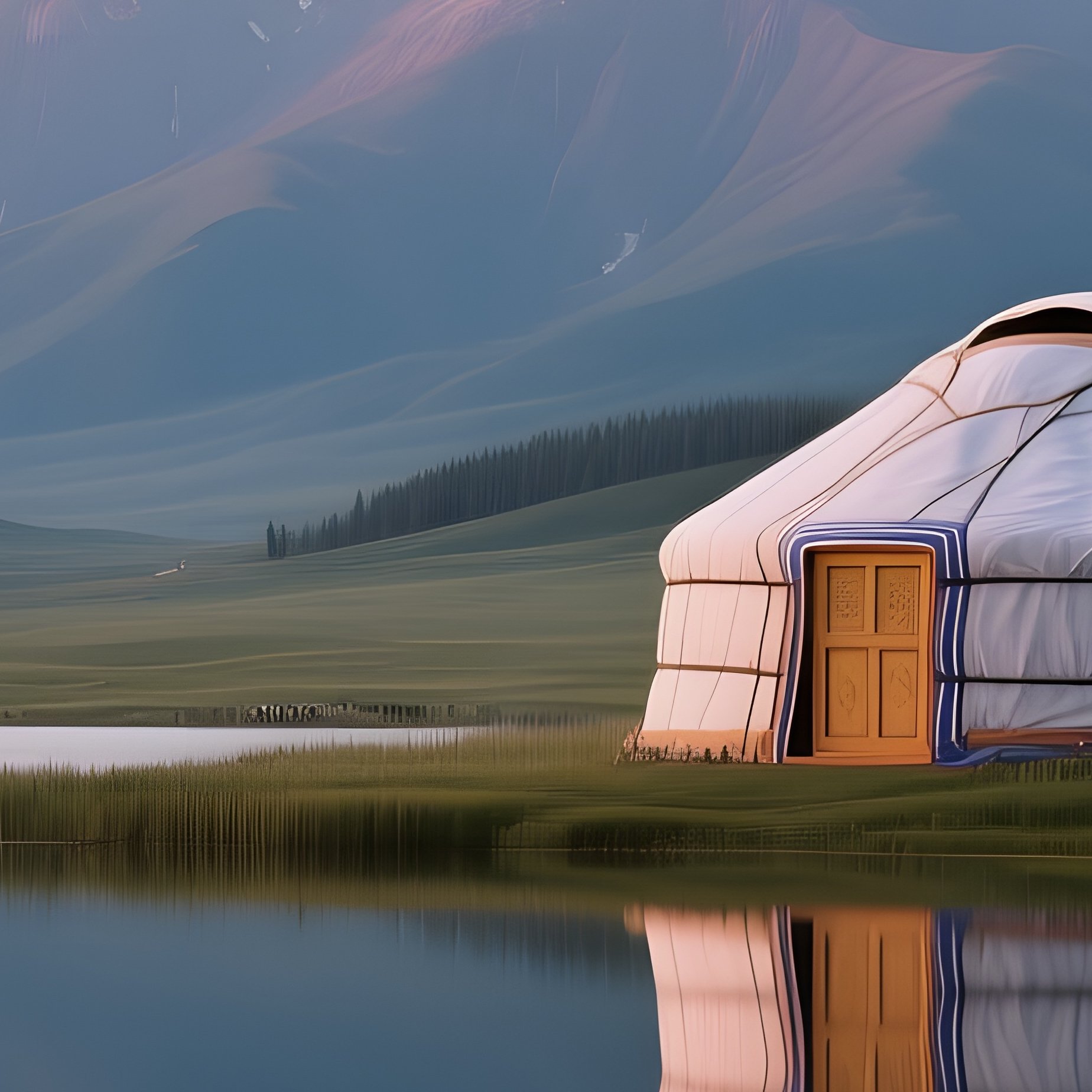 A Serene Lake Scene In Mongolia, Yurts Reflected On Glassy Water, Mountains Rising Behind A Pastel - Full Resolution Quality Preview