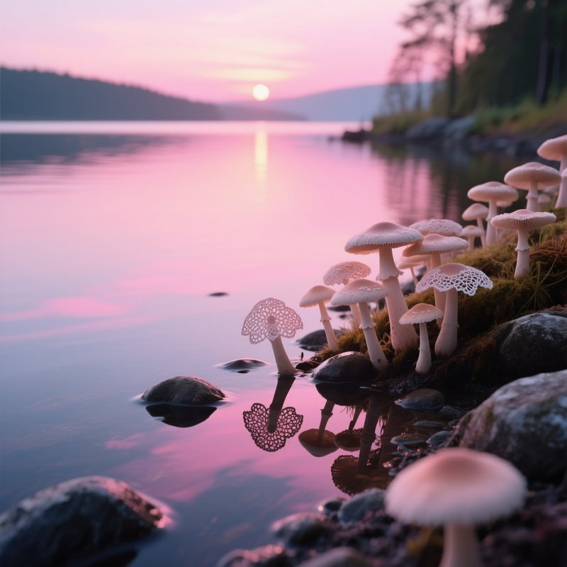 A Serene Lake Shoreline At Sunset With Delicate Lace‑Like Mycenae Growing Along The Water’S Edge,