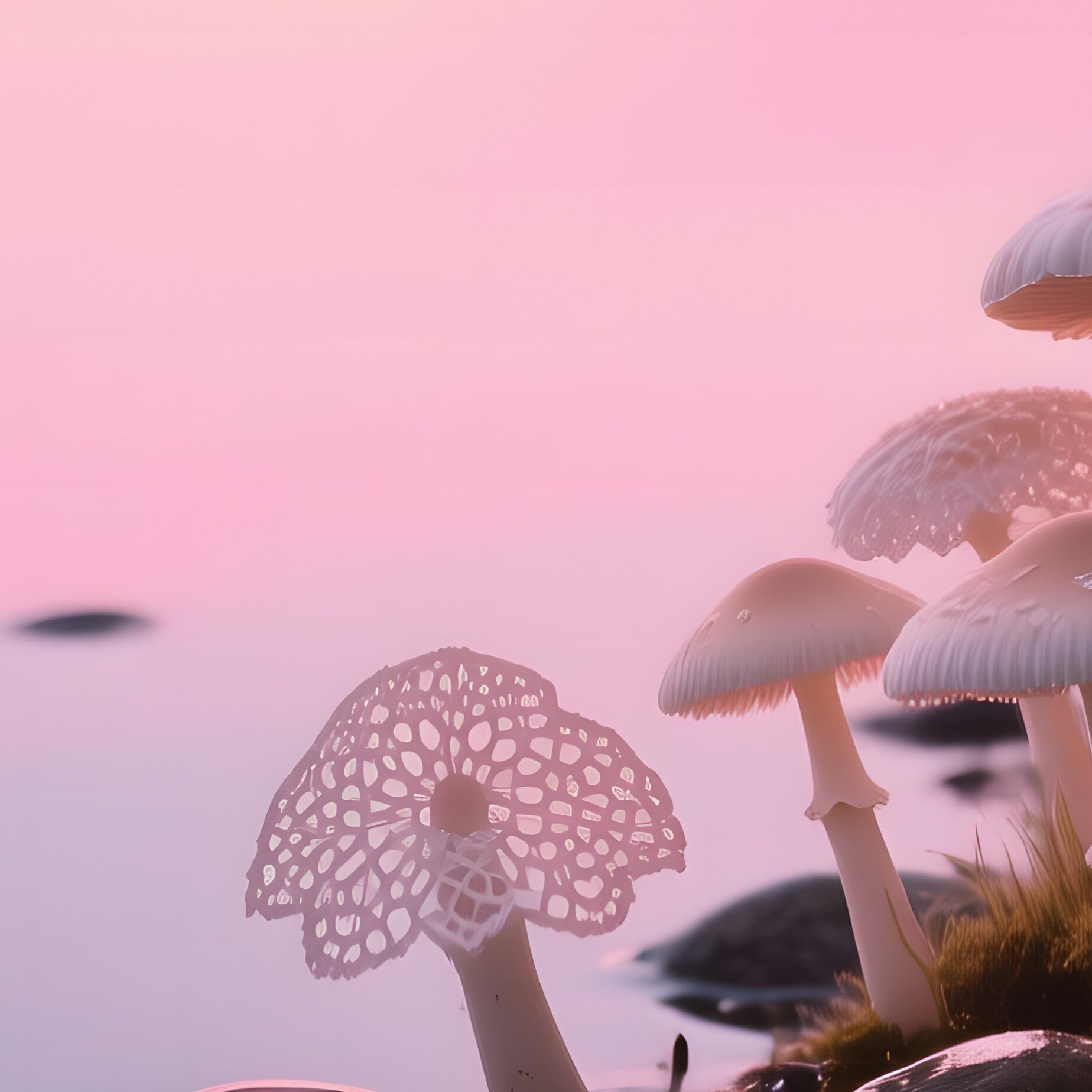 A Serene Lake Shoreline At Sunset With Delicate Lace‑Like Mycenae Growing Along The Water’S Edge, - Full Resolution Quality Preview