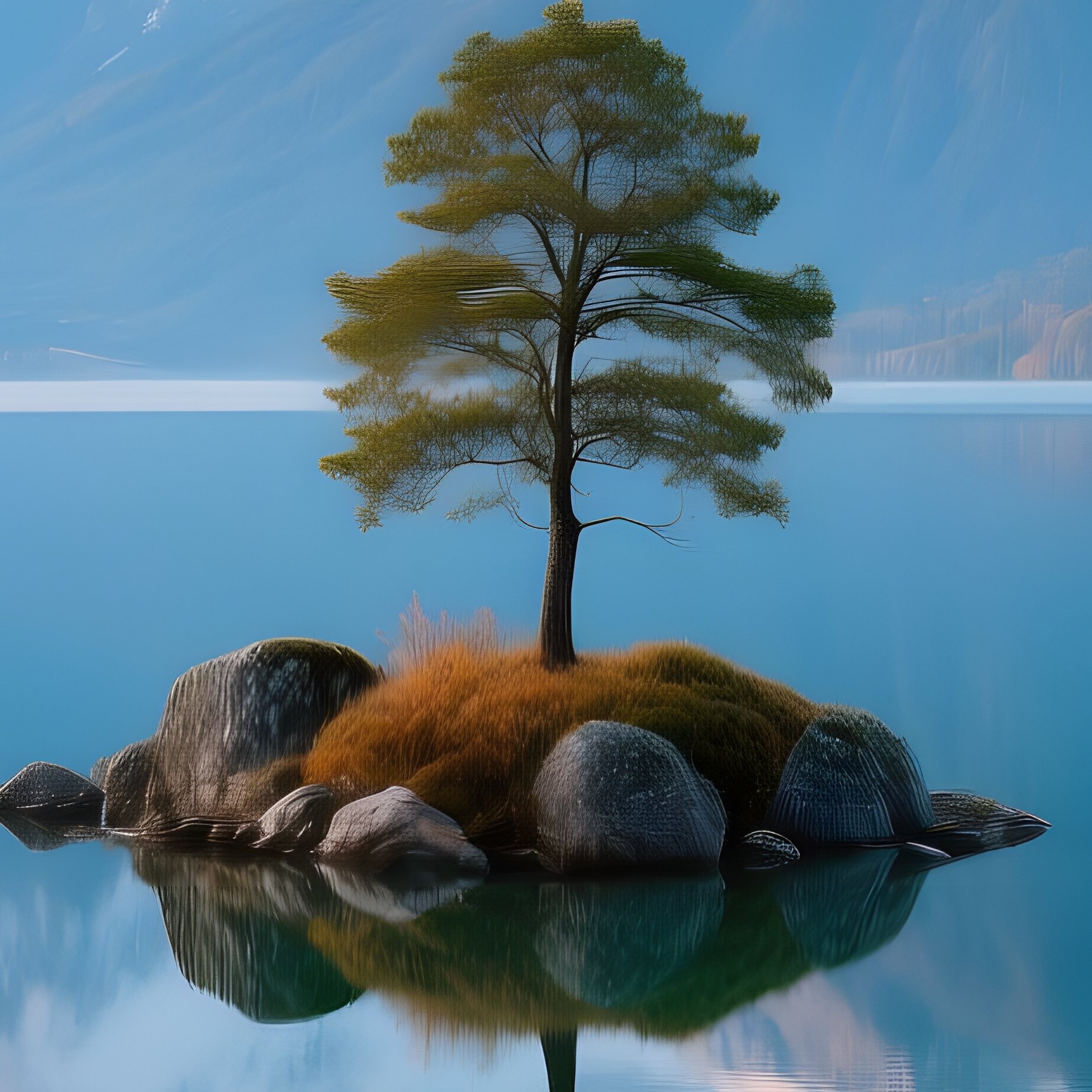 A Serene Lake Surrounded By Mountains And Trees Landscape Nature - Full Resolution Quality Preview