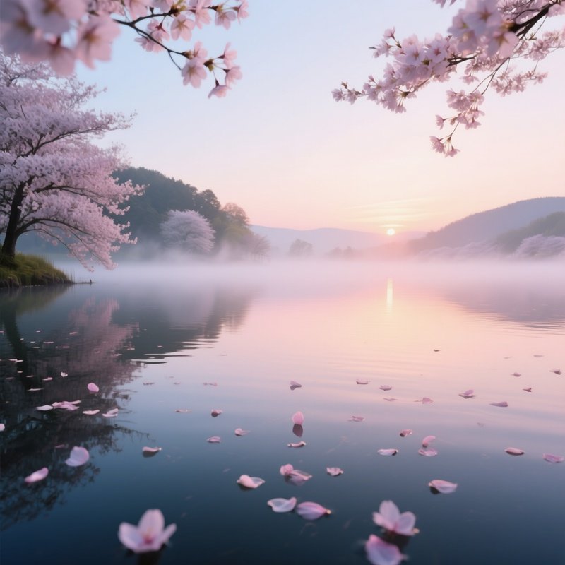 A Serene Lakeside At Dawn In Spring, Cherry Blossom Petals Floating On Calm Water, Mist Rising,
