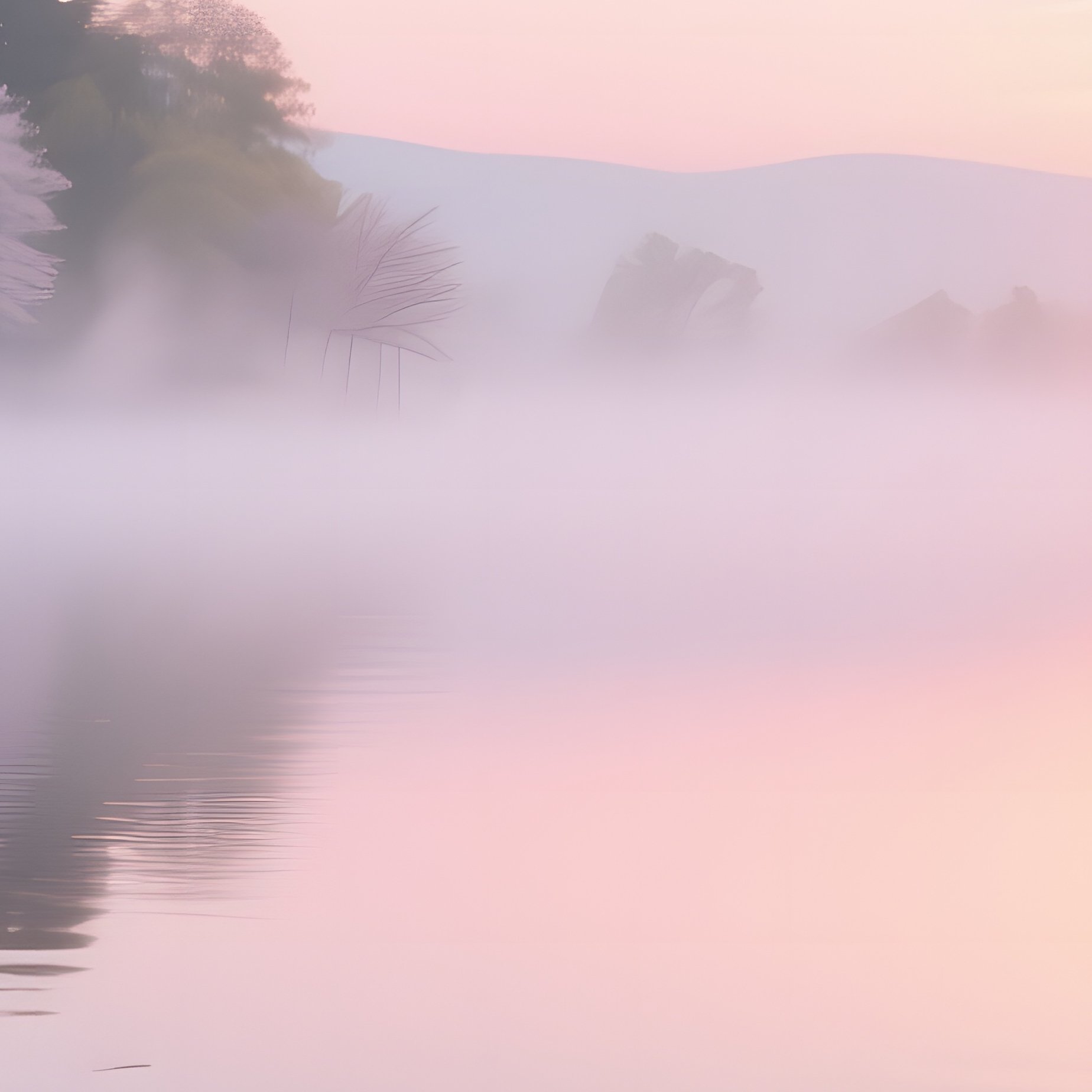 A Serene Lakeside At Dawn In Spring, Cherry Blossom Petals Floating On Calm Water, Mist Rising, - Full Resolution Quality Preview