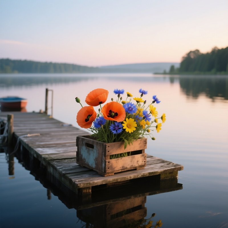 A Serene Lakeside Dock At Dawn, Where A Weathered Wooden Crate Holds A Bright Bouquet Of Orange