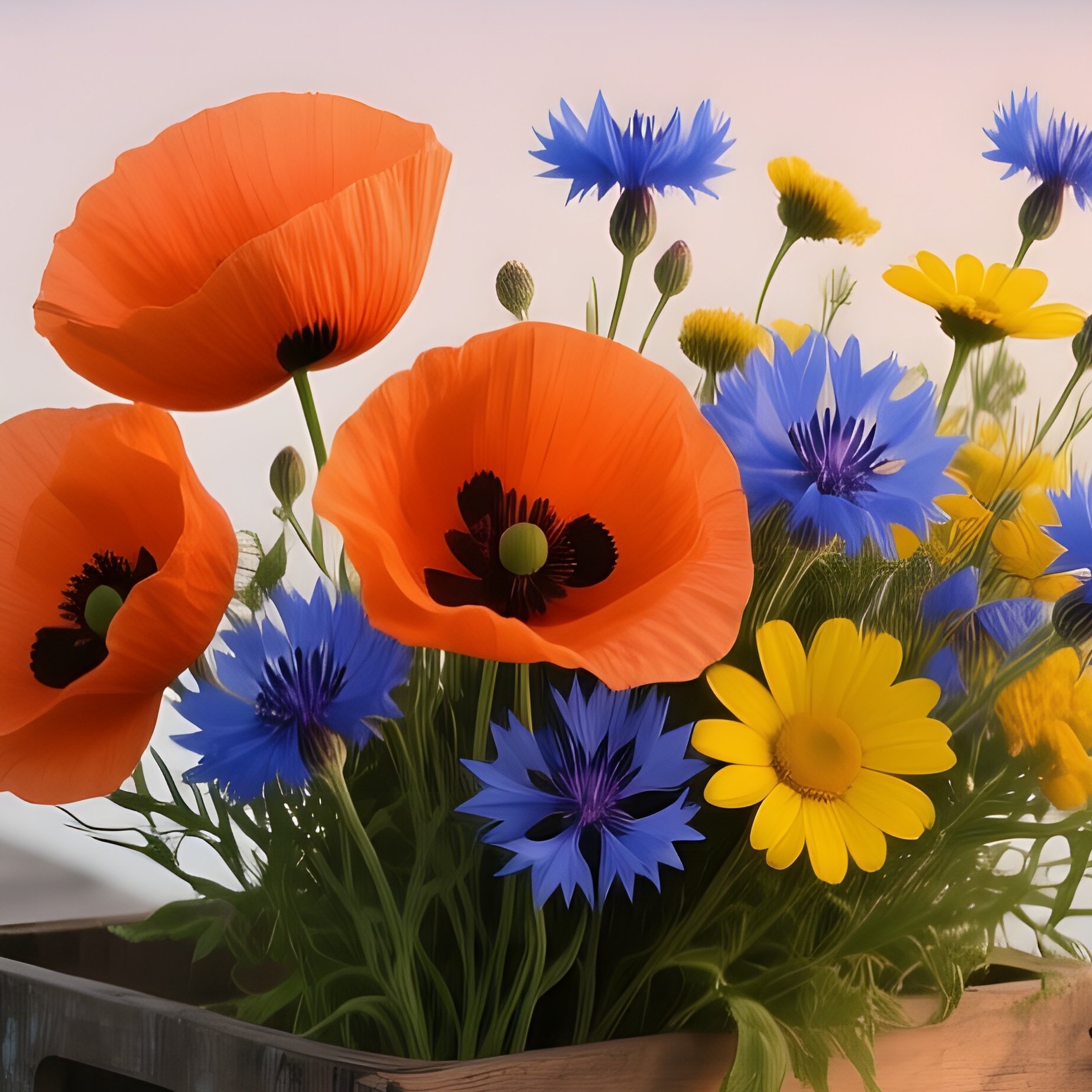 A Serene Lakeside Dock At Dawn, Where A Weathered Wooden Crate Holds A Bright Bouquet Of Orange - Full Resolution Quality Preview