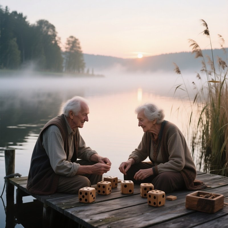A Serene Lakeside Dock At Sunrise, Mist Rising Off The Water As An Elderly Couple Plays Gotscha