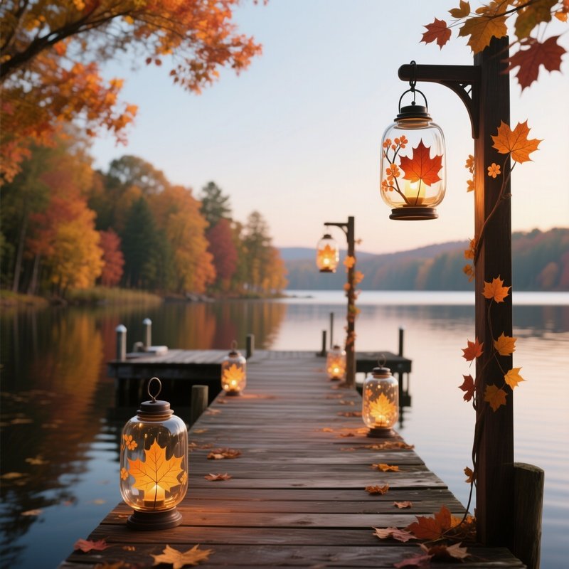 A Serene Lakeside Dock In Autumn, A Wooden Pier Adorned With Hanging Glass Lanterns Painted With