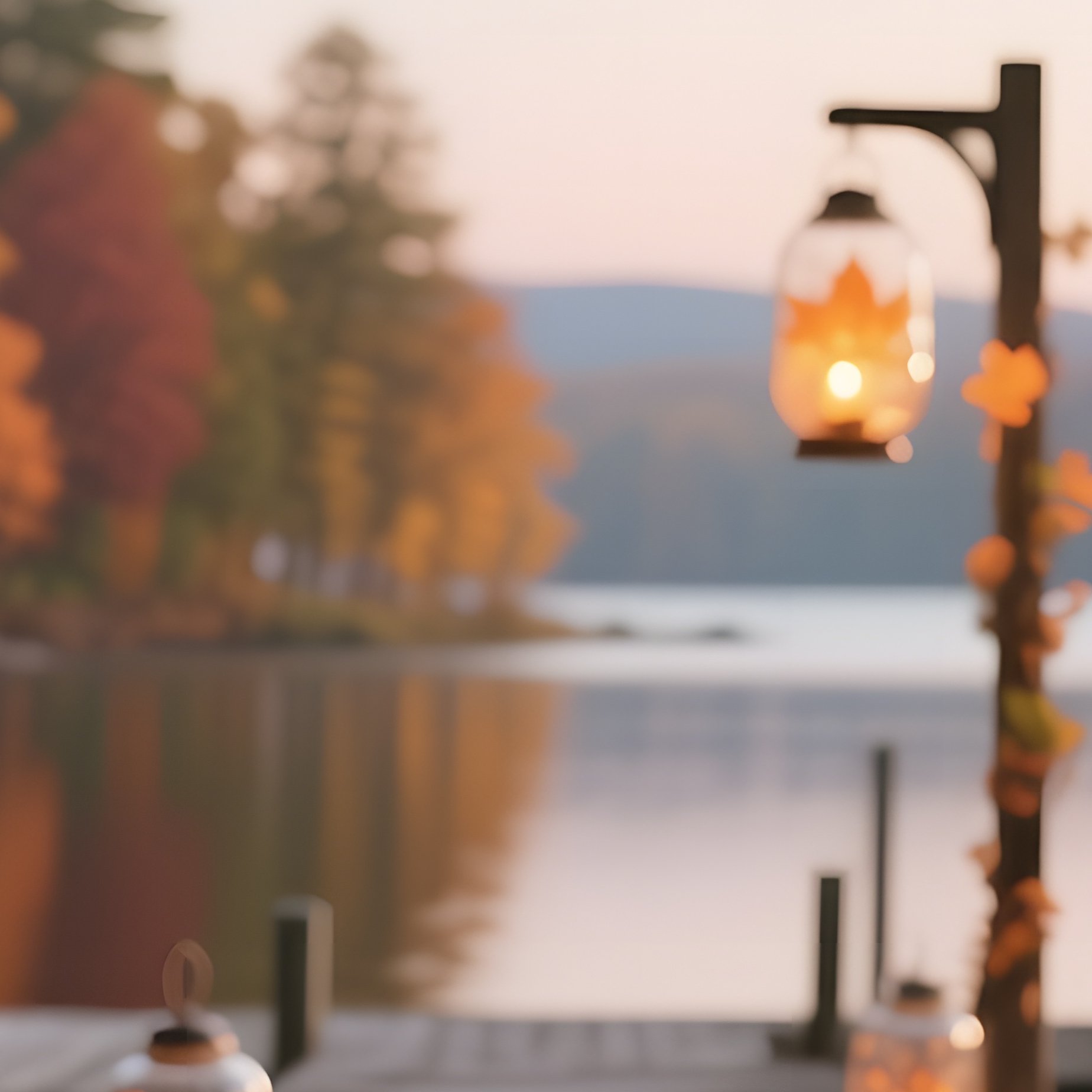 A Serene Lakeside Dock In Autumn, A Wooden Pier Adorned With Hanging Glass Lanterns Painted With - Full Resolution Quality Preview