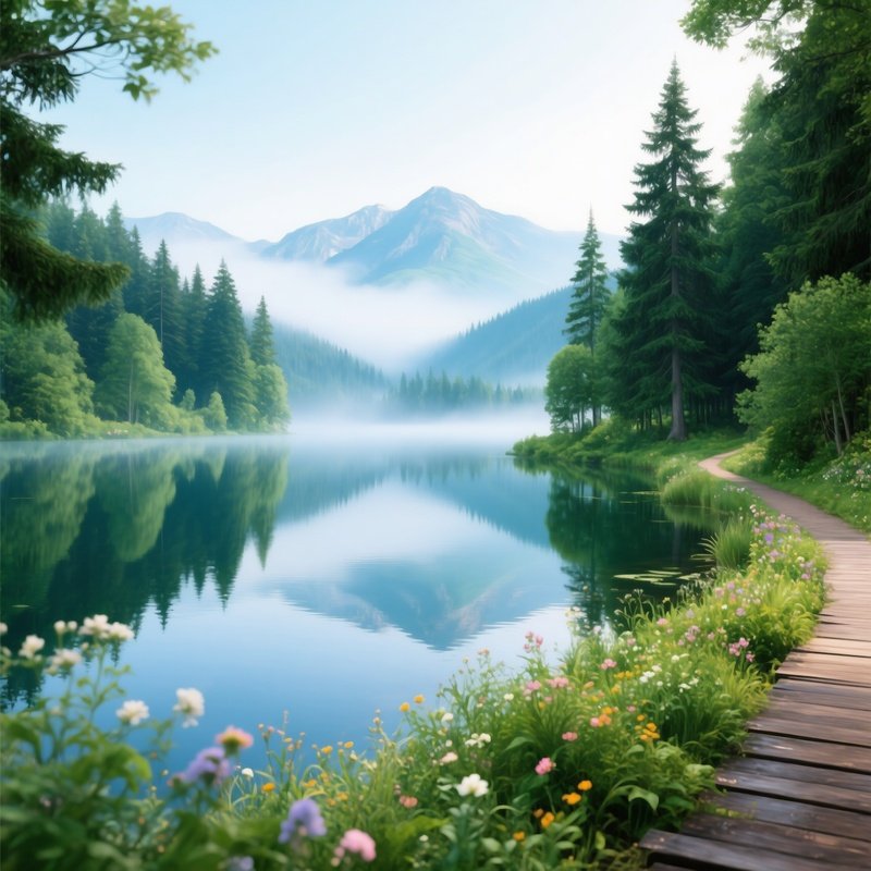 A Serene Lakeside Landscape Surrounded By Dense Forest Landscape