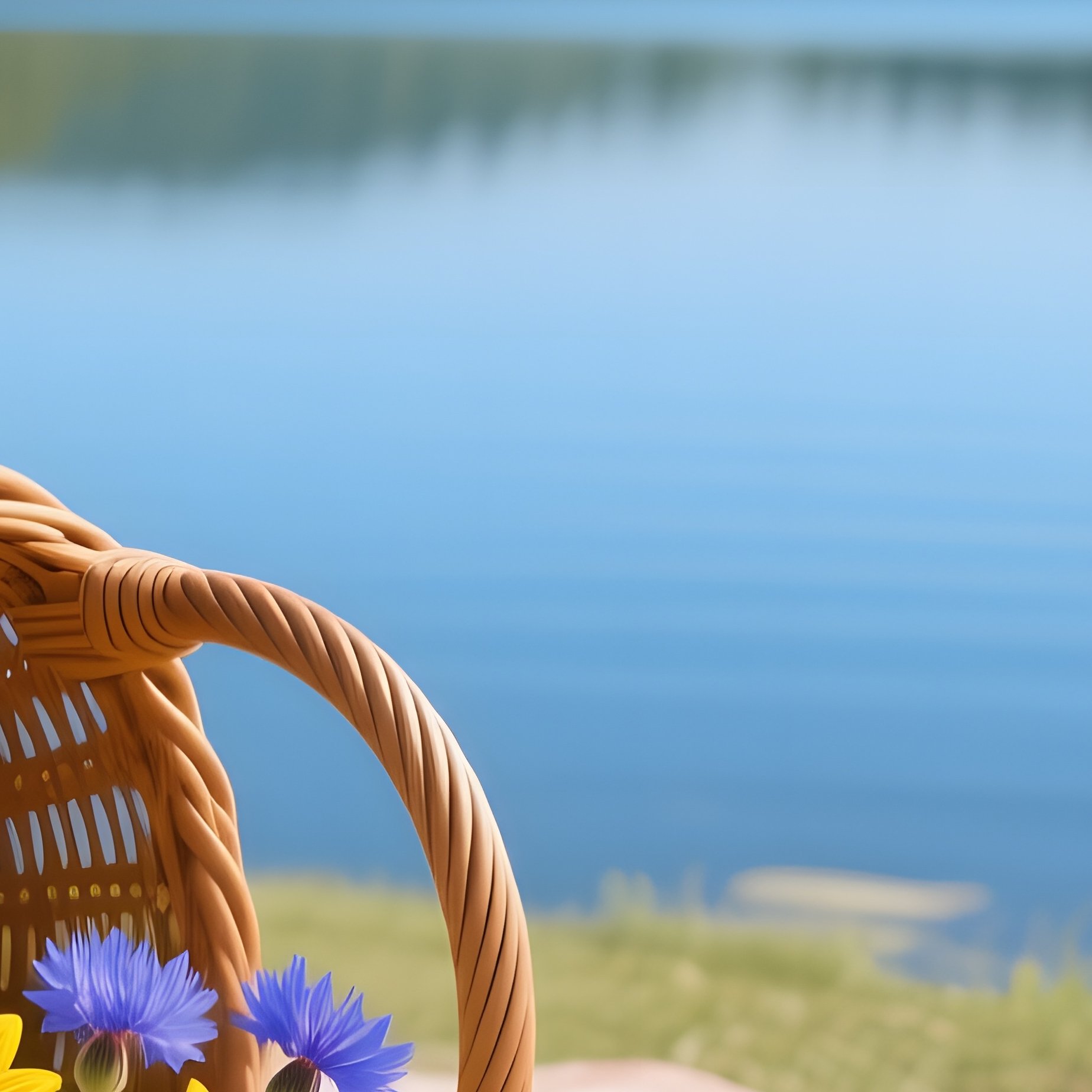 A Serene Lakeside Picnic Scene With A Woven Basket Spilling Over Bright Sunflowers, Cornflowers, - Full Resolution Quality Preview