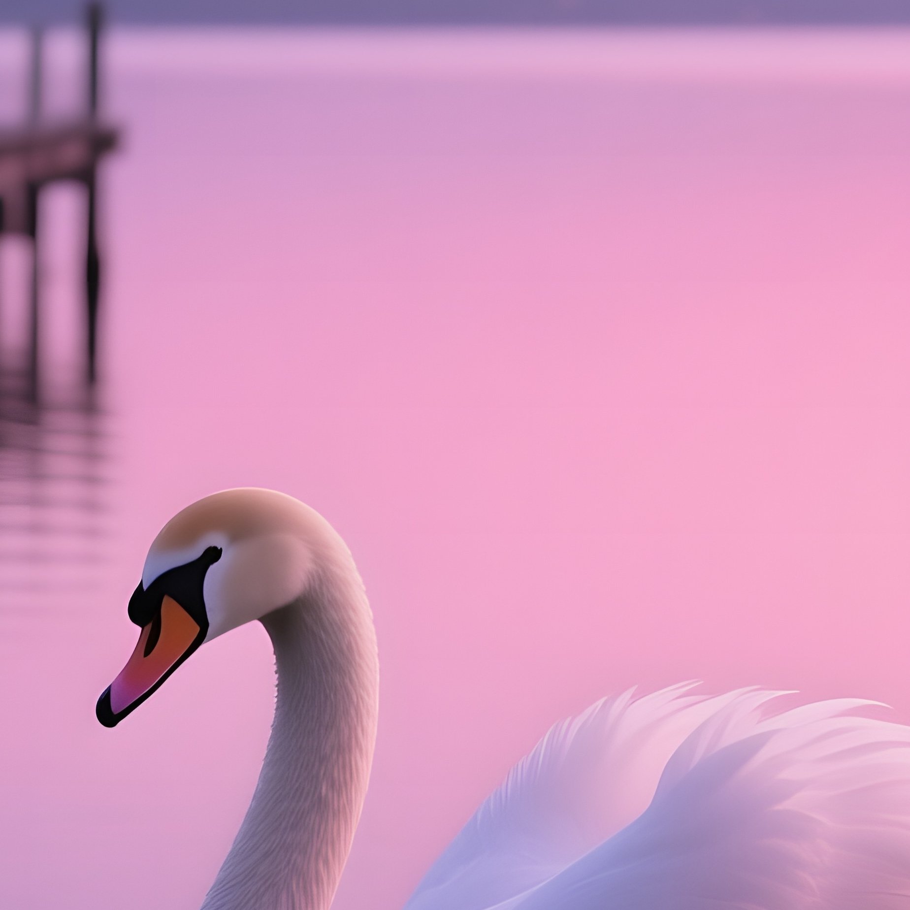 A Serene Lakeside Pier At Twilight, With A Lone Sugar Swan Gliding Across The Water’S Surface, Its - Full Resolution Quality Preview