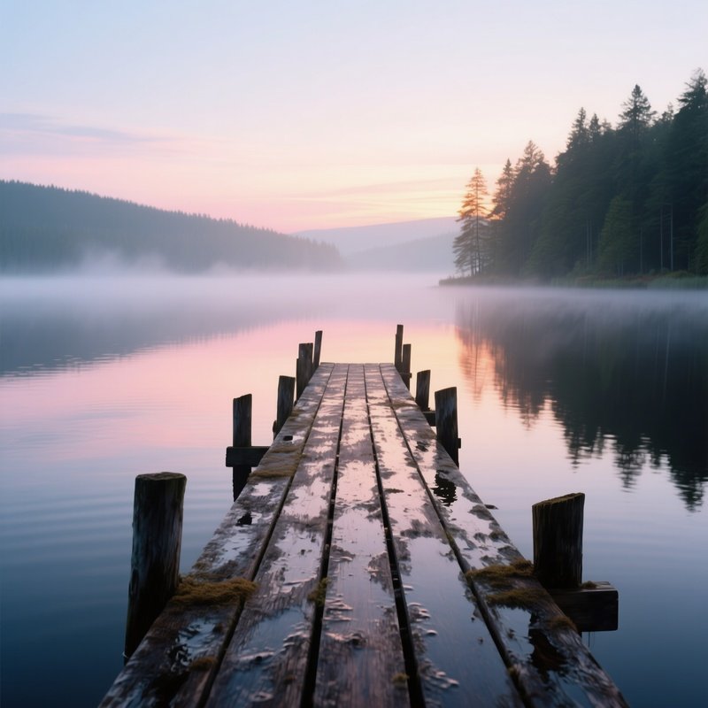 A Serene Lakeside Pier Constructed From Weathered Spruce Planks, Their Surfaces Wet With Lake Mist