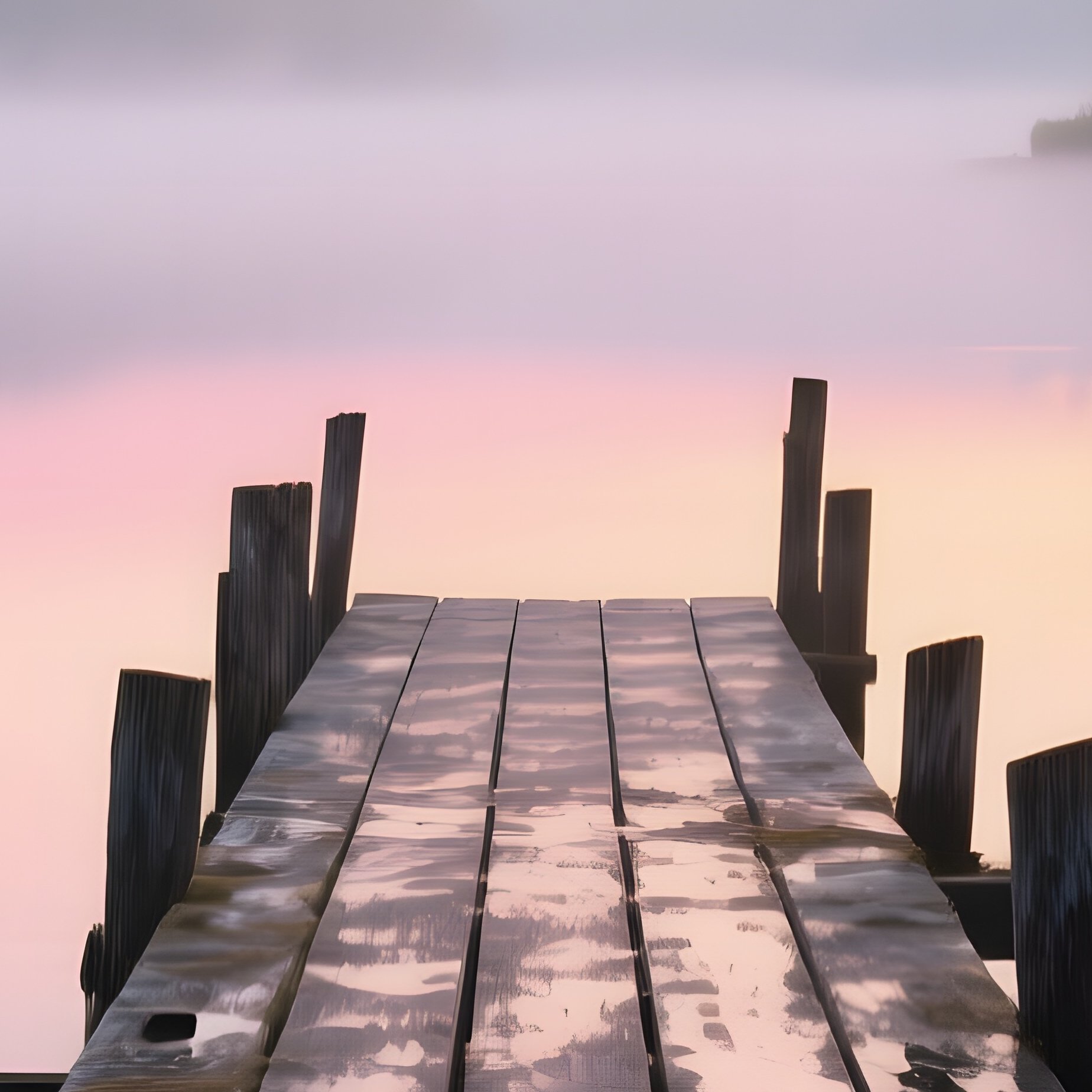 A Serene Lakeside Pier Constructed From Weathered Spruce Planks, Their Surfaces Wet With Lake Mist - Full Resolution Quality Preview