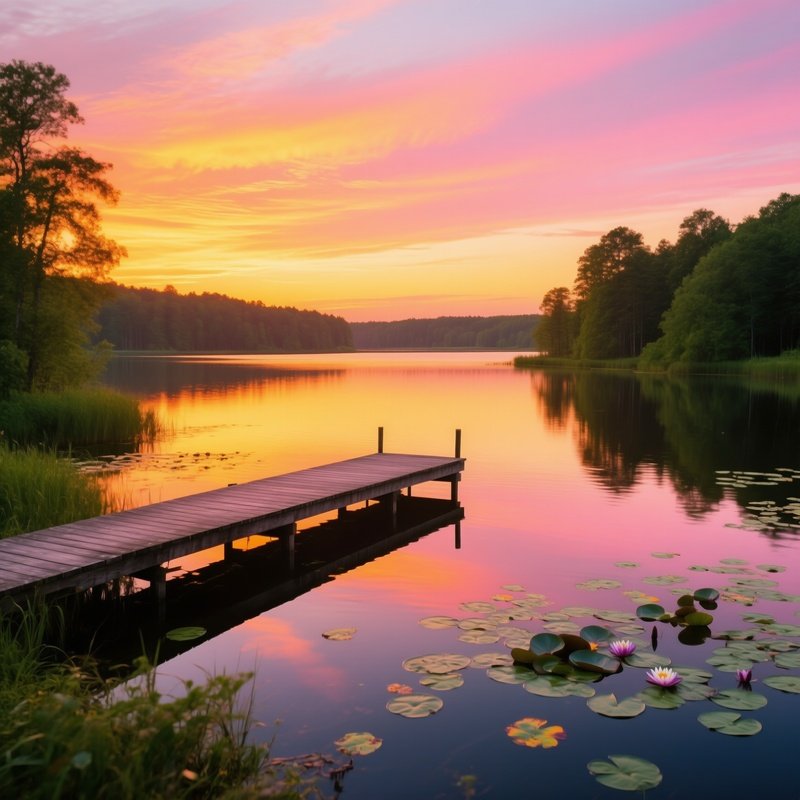A Serene Lakeside Scene At Sunset Sunset Lake