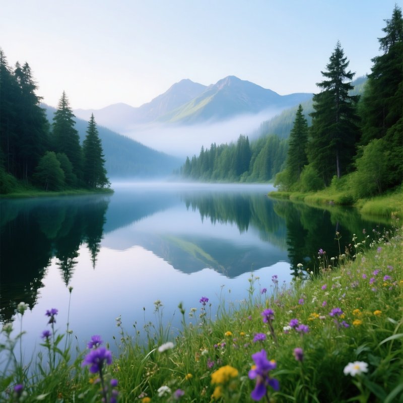 A Serene Lakeside Scene Surrounded By A Dense Forest Nature