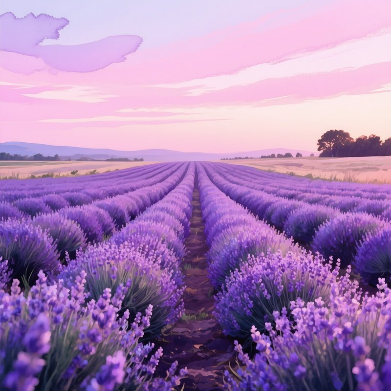 A Serene Lavender Field At Dusk, Rows Stretching To Horizon, Watercolor Purples Blending Into Pink