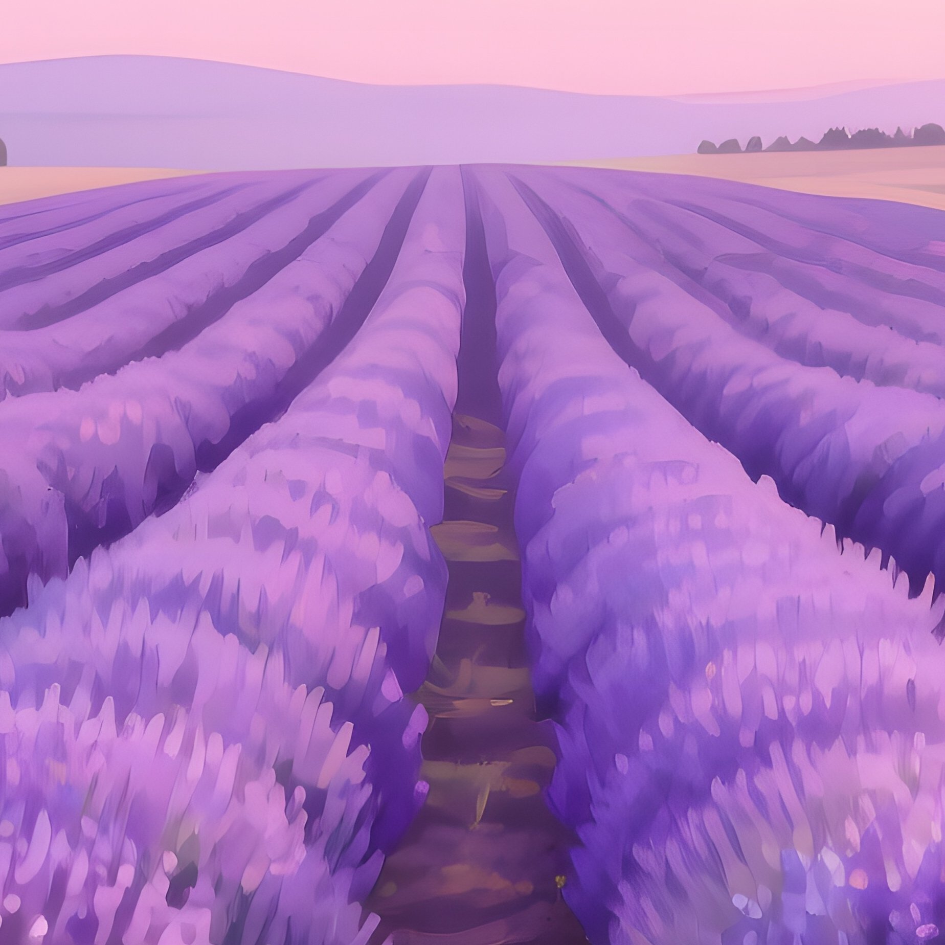 A Serene Lavender Field At Dusk, Rows Stretching To Horizon, Watercolor Purples Blending Into Pink - Full Resolution Quality Preview