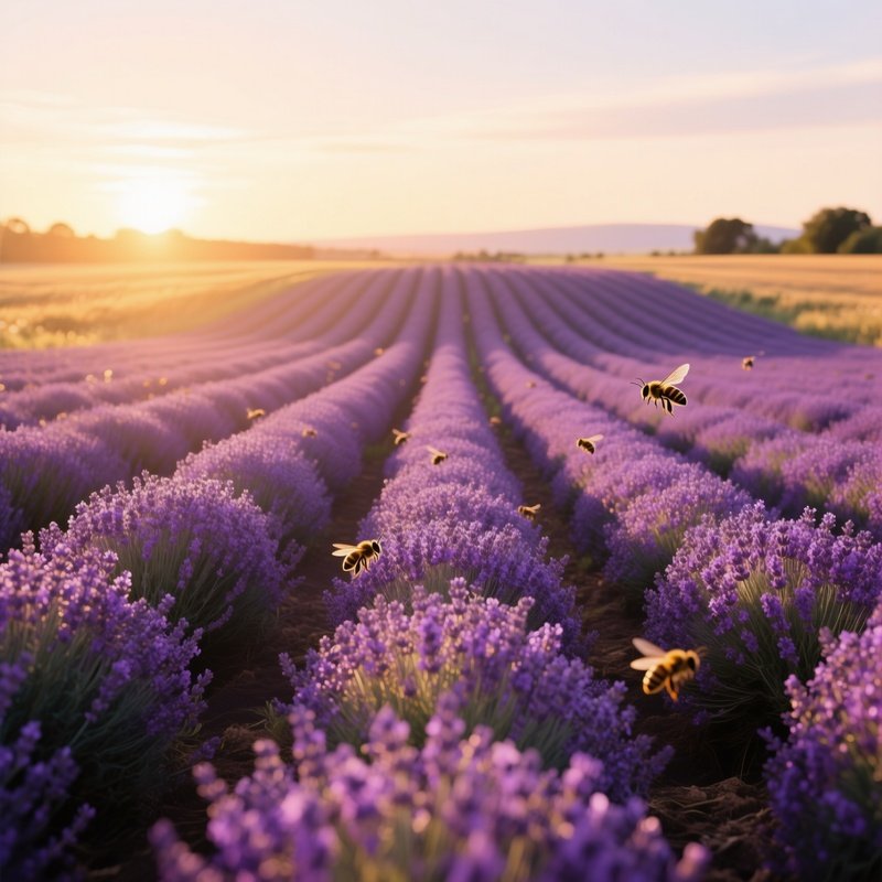 A Serene Lavender Field At Golden Hour In Early Summer, Rows Of Purple Stretching To Horizon, Warm