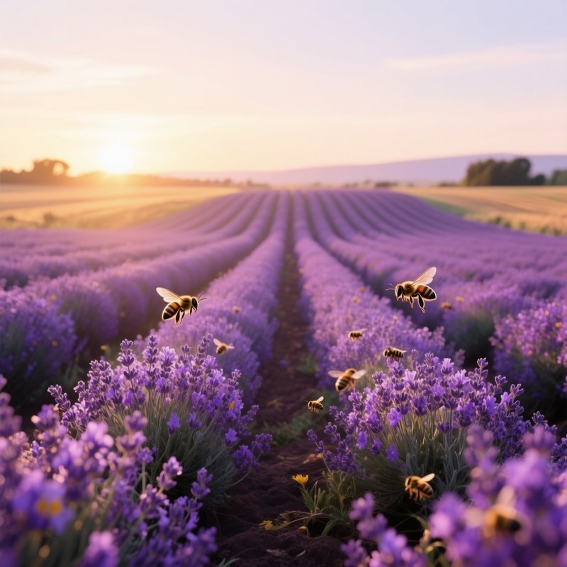 A Serene Lavender Field At Golden Hour, Rows Stretching To The Horizon Bathed In Soft Purple Light