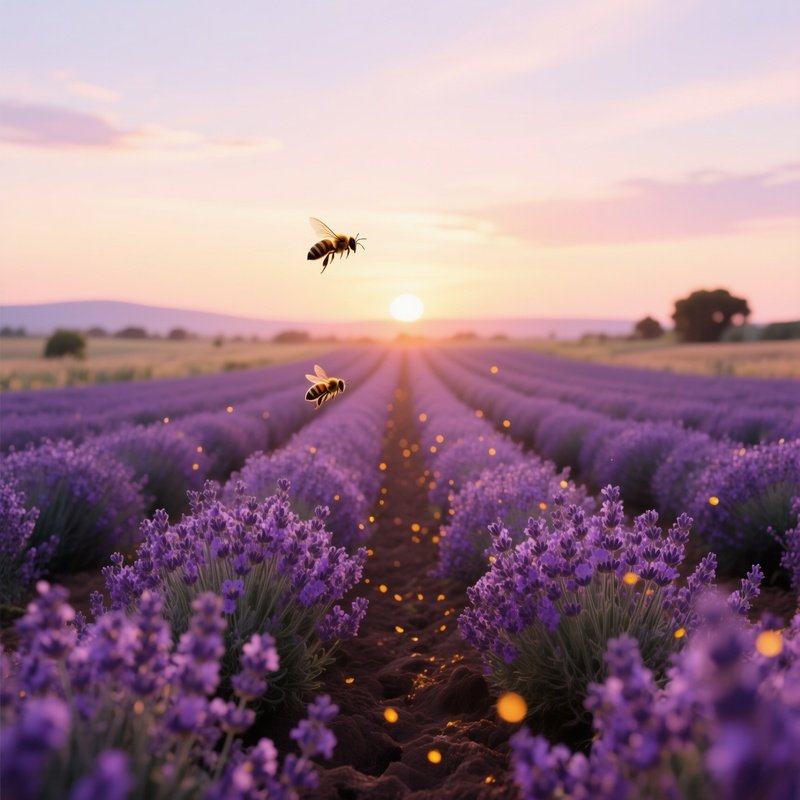 A Serene Lavender Field At Sunset, Rows Of Purple Clay Flowers Stretching To The Horizon, Bees