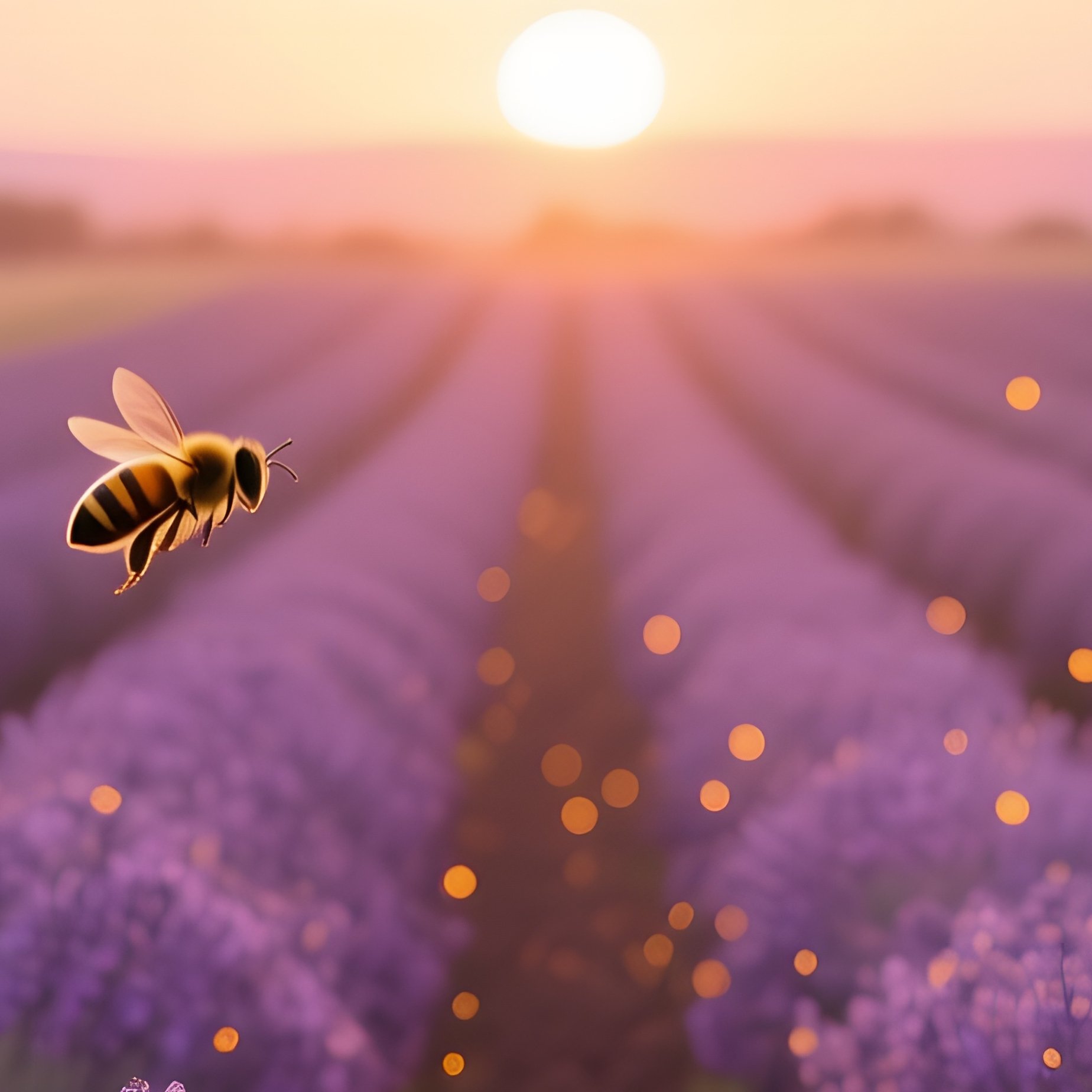 A Serene Lavender Field At Sunset, Rows Of Purple Clay Flowers Stretching To The Horizon, Bees - Full Resolution Quality Preview