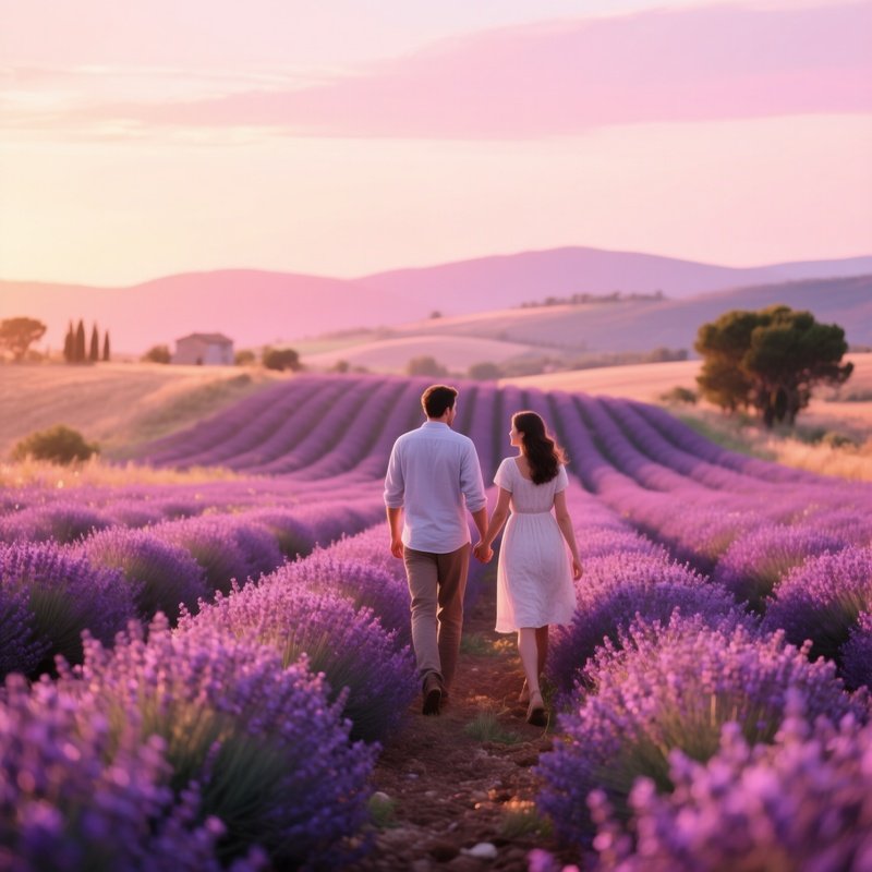 A Serene Lavender Field In The South Of France At Golden Hour, A Couple Walks Hand‑In‑Hand, The