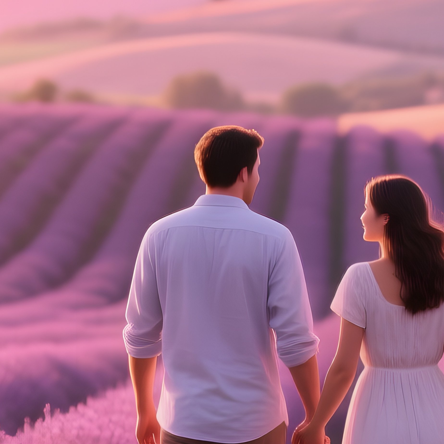A Serene Lavender Field In The South Of France At Golden Hour, A Couple Walks Hand‑In‑Hand, The - Full Resolution Quality Preview