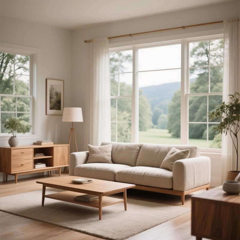A Serene Living Room With A Linen Sofa, Light Oak Furniture, And Large Windows Opening To Nature