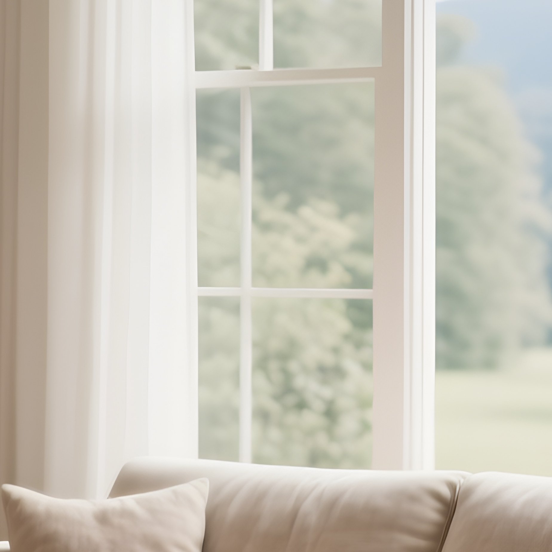 A Serene Living Room With A Linen Sofa, Light Oak Furniture, And Large Windows Opening To Nature - Full Resolution Quality Preview