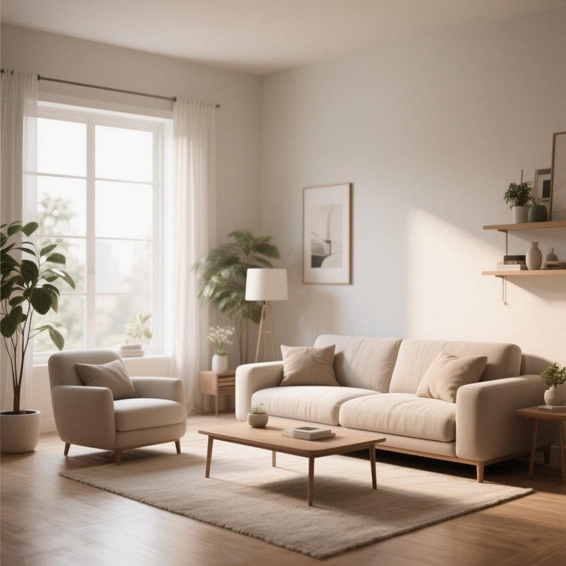 A Serene Living Room With Neutral Furniture And Natural Light