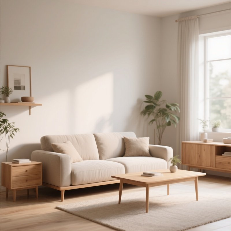 A Serene Living Space With A Neutral Sofa, Light Wood Furniture, And Natural Daylight