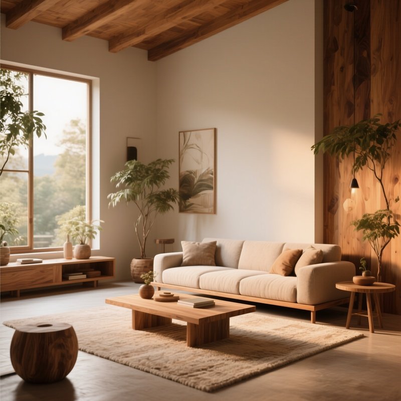 A Serene Living Space With Natural Materials And Warm Tones