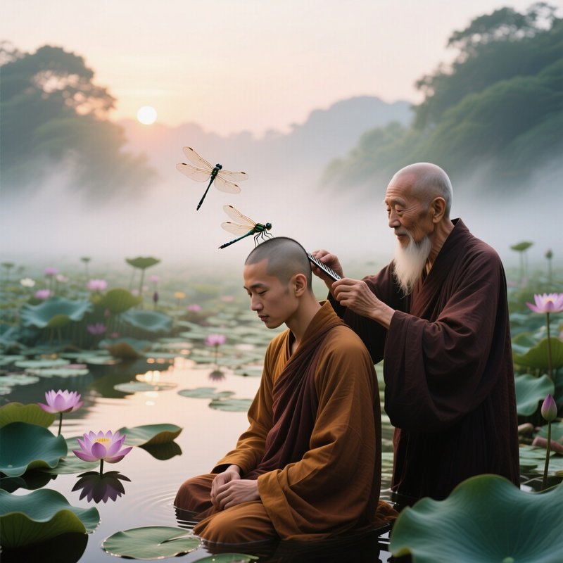 A Serene Lotus Pond Garden At Sunrise, Mist Hovering; A Monk In Simple Robes Gets His Hair Trimmed