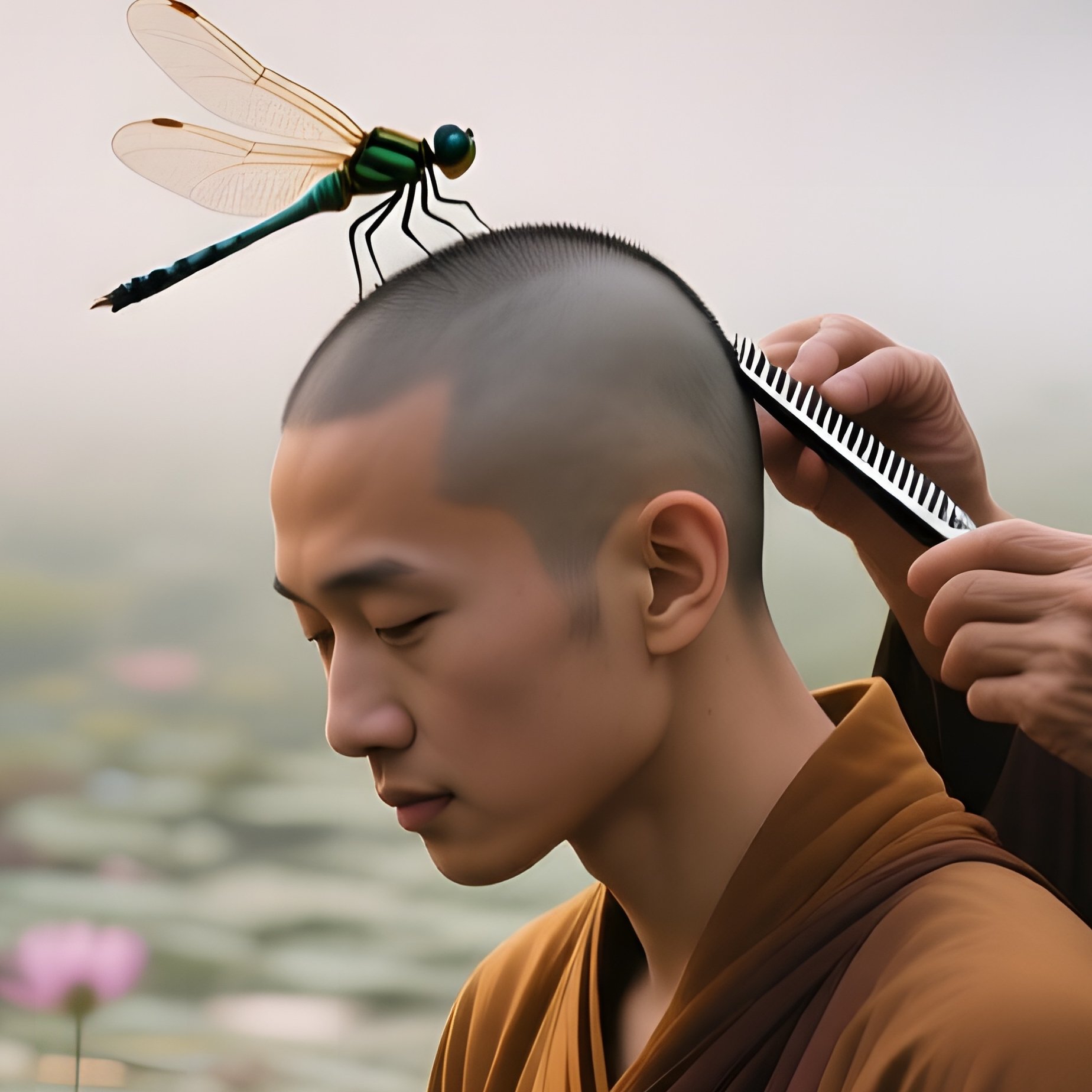 A Serene Lotus Pond Garden At Sunrise, Mist Hovering; A Monk In Simple Robes Gets His Hair Trimmed - Full Resolution Quality Preview