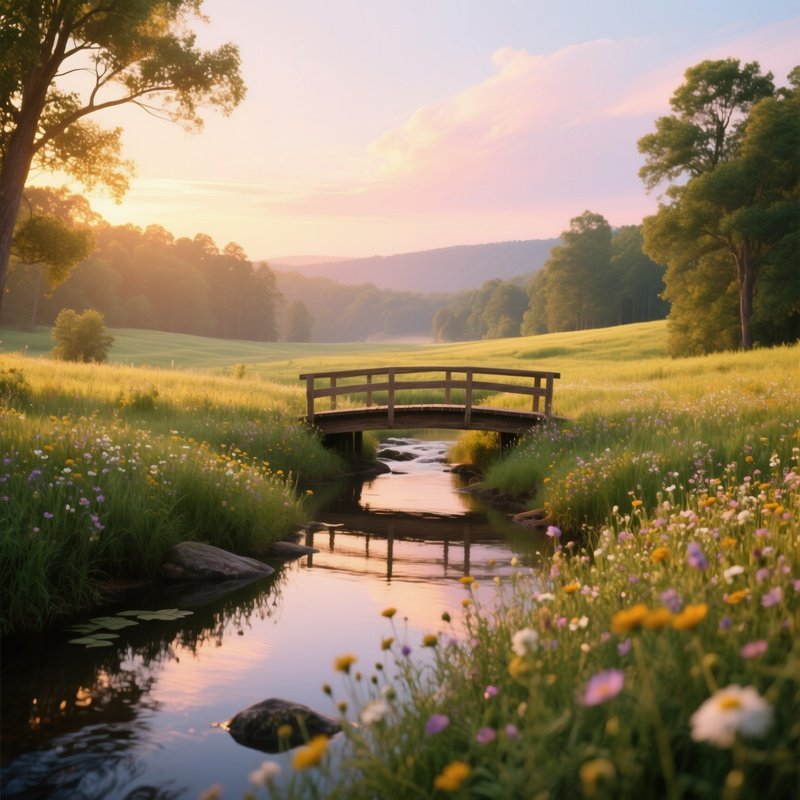 A Serene Meadow In The Ozarks At Golden Hour, Wildflowers Blooming, A Wooden Footbridge Over A