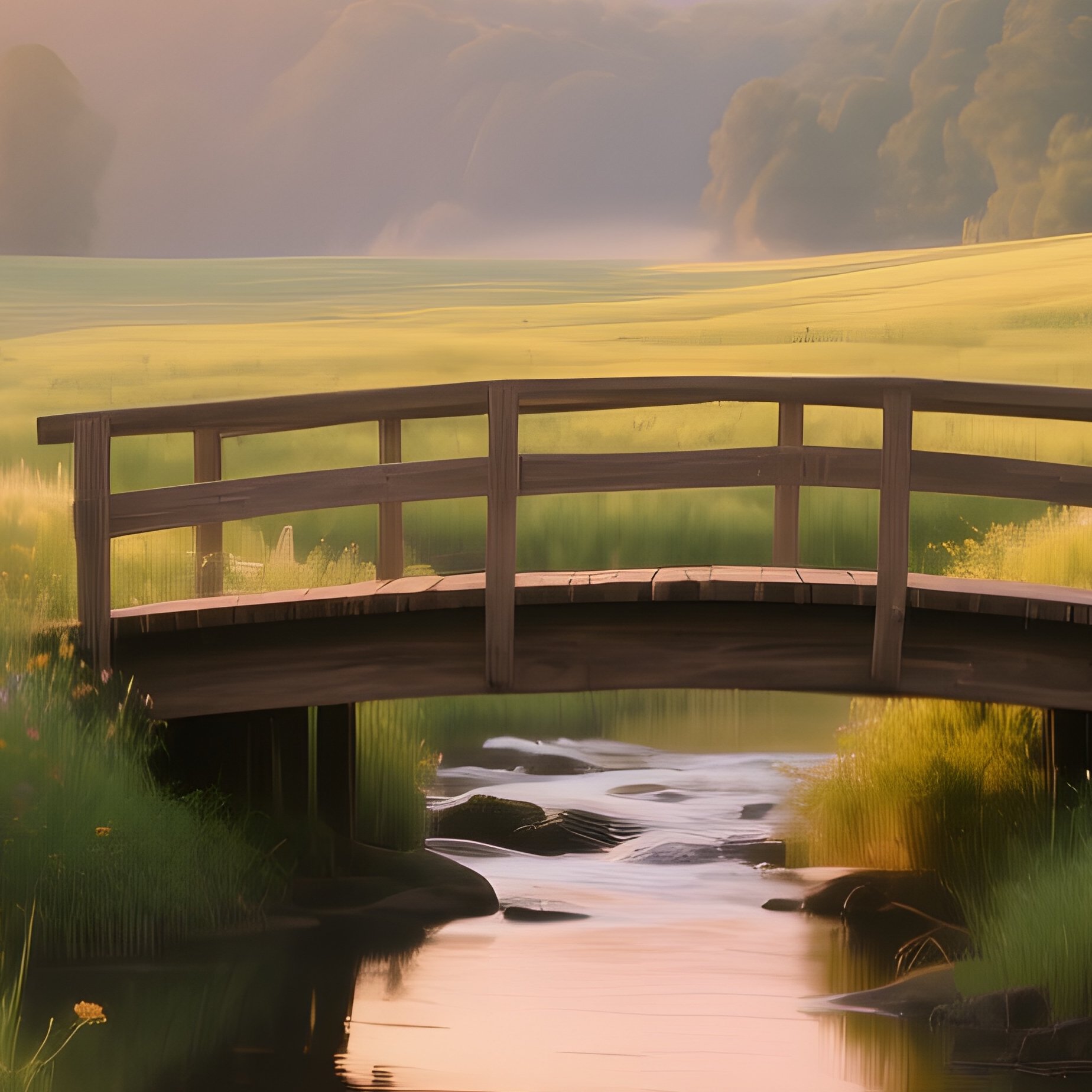 A Serene Meadow In The Ozarks At Golden Hour, Wildflowers Blooming, A Wooden Footbridge Over A - Full Resolution Quality Preview