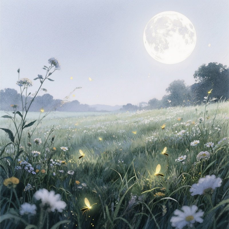 A Serene Meadow Under A Full Moon, Fireflies Dancing Among Wildflowers, Watercolor Silvery Light