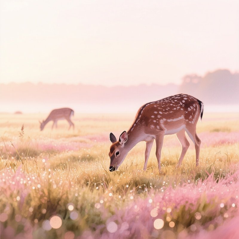 A Serene Meadow With Grazing Deer At Dawn, Dew Glistening On Grass, Watercolor Gentle Pinks And