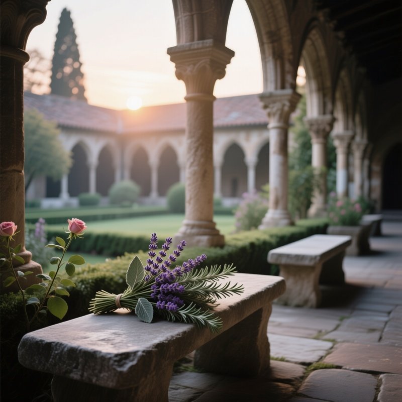 A Serene Monastery Cloister Garden At Dawn, Where Stone Benches Hold Simple Bouquets Of Lavender,