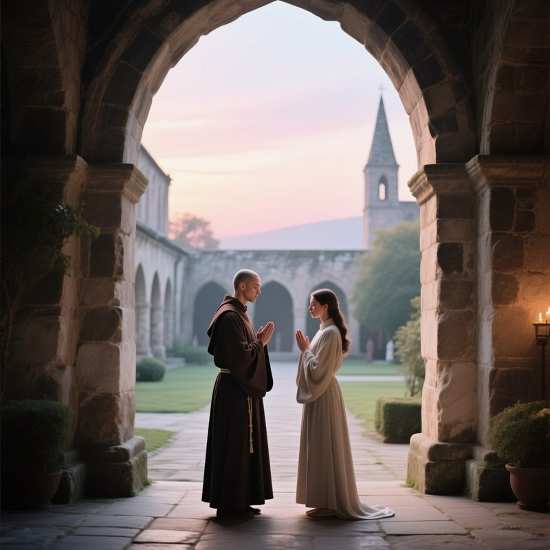 A Serene Monastery Courtyard At Dawn, Monks Chanting Softly As A Young Couple Exchanges Vows
